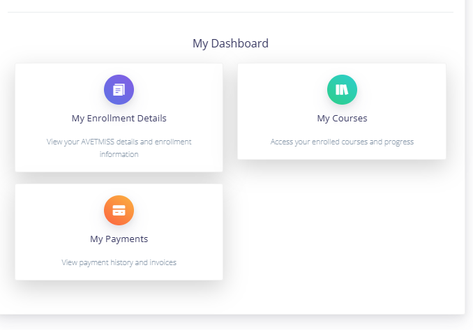 Student Portal dashboard: enrolment details, courses and payments